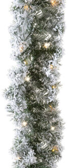 Groene Kerstdecoratie frosted dennenslinger met verlichting 270 cm - Guirlandes