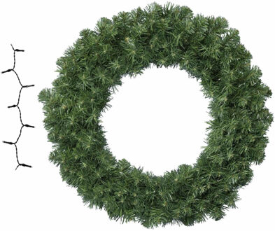 Groene kerstkrans/dennenkrans/deurkrans 50 cm inclusief gekleurde verlichting