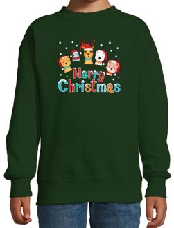 Groene kersttrui / kerstkleding dierenvriendjes Merry christmas voor kinderen 7-8 jaar (122/128) - kerst truien kind