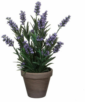 Groene Lavandula lavendel kunstplanten 33 cm met grijze pot - Kunstplanten Paars