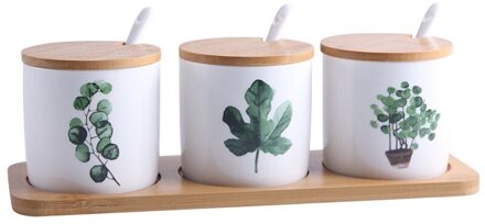 Groene plant patroon kruiden box set inclue 3pot 1 lade, spice Potten Kommen Met Lepel Bamboe deksel Opslag Container Kruiderij Potten