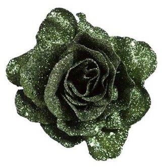 Groene roos met glitters op clip 10 cm - kerstversiering