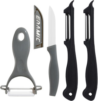 Groente/fruit keukenmesjes - voor schillen/snijden - zwart/grijs - kunststof - 4-delig