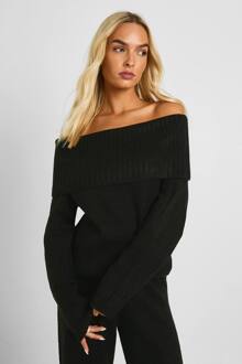 Grofgebreide Bardot-Trui En Broek Met Rechte Pijpen Set, Black