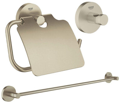 GROHE Essentials accessoireset 3-delig met handdoekhouder, handdoekhaak en toiletrolhouder met klep geborsteld Nikkel sw98983/sw99007/sw99023/ Nickel geborsteld (RVS)