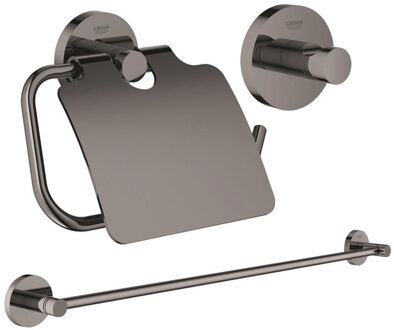 GROHE Essentials accessoireset 3-delig met handdoekhouder, handdoekhaak en toiletrolhouder met klep hard graphite sw98976/sw99000/sw99017/ Hard graphite geborsteld (antraciet)