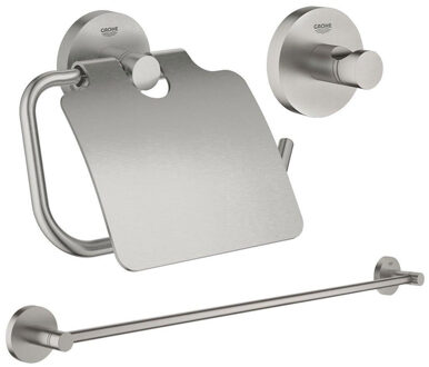 GROHE Essentials accessoireset 3-delig met handdoekhouder, handdoekhaak en toiletrolhouder met klep super steel sw97637/sw97640/sw97647/ RVS geborsteld