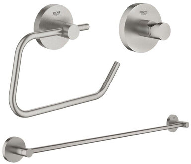 GROHE Essentials accessoireset 3-delig met handdoekhouder, handdoekhaak en toiletrolhouder zonder klep super steel sw97637/sw97640/sw97648/ RVS geborsteld