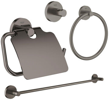 GROHE Essentials accessoireset 4-delig met handdoekring, handdoekhouder, handdoekhaak en toiletrolhouder met klep brushed hard graphite sw98945/sw98977/sw99001/sw99017/ Hard graphite geborsteld (antraciet)