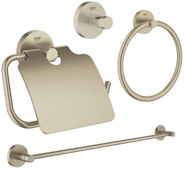 GROHE Essentials accessoireset 4-delig met handdoekring, handdoekhouder, handdoekhaak en toiletrolhouder met klep Brushed nikkel sw98951/sw98983/sw99007/sw99023/ Nickel geborsteld (RVS)