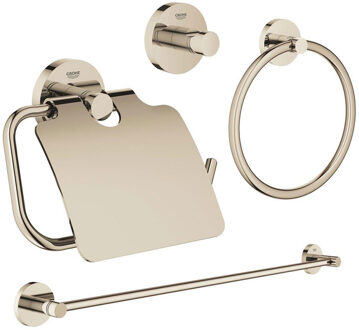 GROHE Essentials accessoireset 4-delig met handdoekring, handdoekhouder, handdoekhaak en toiletrolhouder met klep nikkel sw98950/sw98982/sw99006/sw99022/ Nickel glans (RVS)