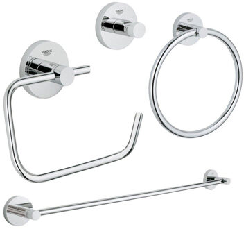 GROHE Essentials accessoireset 4-delig met handdoekring, handdoekhouder, handdoekhaak en toiletrolhouder zonder klep chroom 0438130/0438131/0438129/0438143/