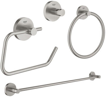 GROHE Essentials accessoireset 4-delig met handdoekring, handdoekhouder, handdoekhaak en toiletrolhouder zonder klep super steel sw97633/sw97637/sw97640/sw97648/ RVS geborsteld