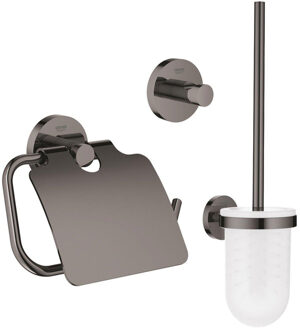 GROHE Essentials Toilet accessoireset 3-delig met toiletborstelhouder, handdoekhaak en toiletrolhouder met klep hard graphite sw99000/sw99016/sw99040/ Hard graphite glans (antraciet)