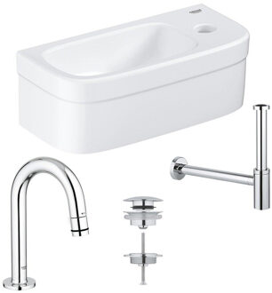 GROHE Euro fonteinset 37x18cm 1 kraangat zonder overloop gebogen chromen kraan sifon afvoerplug fontein Rechthoek wit 0437366/0434215/ga31755/sw197129/ Wit glans