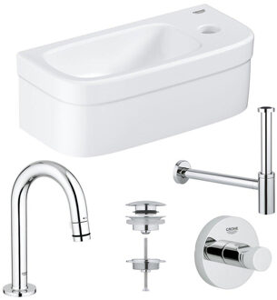GROHE Euro fonteinset 37x18cm 1 kraangat zonder overloop gebogen chromen kraan sifon afvoerplug handdoekhaak fontein Rechthoek wit 0437366/0434215/ga31755/0438129/sw197129/ Wit glans