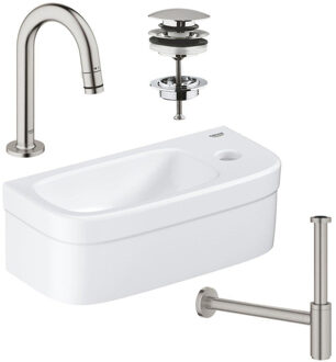 GROHE Euro fonteinset 37x18cm 1 kraangat zonder overloop gebogen super steel kraan sifon afvoerplug fontein Rechthoek wit sw97640/sw197129/sw228380/sw438965/sw444108/ Wit glans