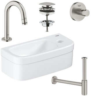 GROHE Euro fonteinset 37x18cm 1 kraangat zonder overloop gebogen super steel kraan sifon afvoerplug handdoekhaak fontein Rechthoek wit sw97640/sw197129/sw228380/sw438965/sw444108/ Wit glans