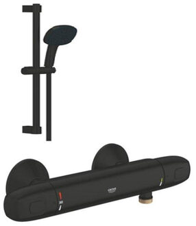 GROHE Grohtherm 1000 Douchemengkraan - thermostatisch - glijstangset - 2 straalsoorten - vierkante handdouche - matte black 348142433 Zwart mat