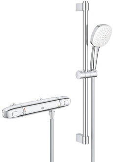 GROHE Grohtherm 1000 Doucheset - thermostatische douchekraan - HOH=12cm - met glijstangset - 60cm - vierkante handdouche - 2 straalsoorten - gladde doucheslang - chroom 34822005