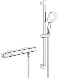 GROHE Grohtherm 1000 Doucheset - thermostatische douchekraan - HOH=15cm - met glijstangset - 60cm - vierkante handdouche - 2 straalsoorten - gladde doucheslang - chroom 34819005