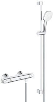 GROHE Grohtherm 1000 Doucheset - thermostatische douchekraan - met glijstangset - 90cm - vierkante handdouche - 3 straalsoorten - gladde doucheslang - chroom 34824005
