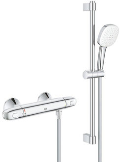 GROHE Grohtherm 1000 Doucheset - thermostatische douchekraan - met rozetten - met glijstangset - 60cm - vierkante handdouche - 2 straalsoorten - gladde doucheslang - chroom 34820005