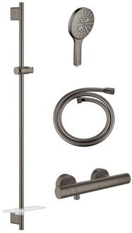 GROHE Grohtherm 1000 Glijstangset - 90cm - thermostatische douchekraan - met zeepschaal - ronde handdouche - galdde slang - 175cm - geborsteld hard graphite sw98744/SW98828/sw472324/sw472379/ Hard graphite geborsteld (antraciet)
