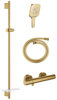 GROHE Grohtherm 1000 Smartactive Glijstangset - 90cm - met zeepschaal - thermostatische douchekraan - vierkante handdouche - gladde slang - 125cm - geborsteld cool sunrise sw98748/SW862663/sw472279/sw472323/ Cool sunrise geborsteld (goud)