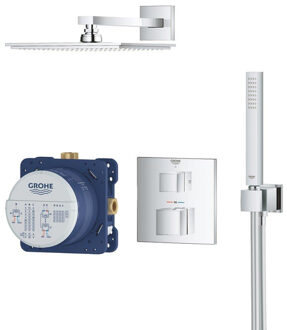 GROHE Grohtherm Cube showerset: inbouwkraan therm. m. afbouwdeel met hoofddouche vierkant 23x23cm met handdouche stick en wandaansluitbocht chroom 34741000