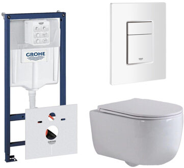 GROHE QeramiQ Dely Swirl Toiletset - 36.5x53cm - Grohe Rapid inbouwreservoir - slim zitting - witte bedieningsplaat - rechthoekige knoppen - glans wit 0720003/0729205/SW1000766/SW1026256 Wit glans