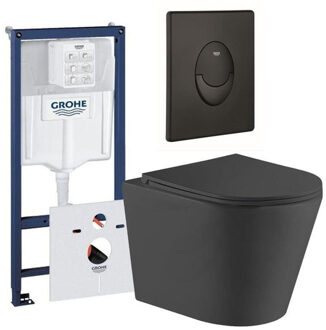 GROHE QeramiQ Dely Toiletset - Grohe inbouwreservoir - mat zwarte bedieningsplaat - ovaal toilet - zitting - mat zwart 0729205/SW1026253/SW656735/SW1000768 Zwart mat