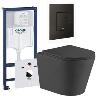GROHE QeramiQ Dely Toiletset - Grohe inbouwreservoir - mat zwarte bedieningsplaat - rechthoek toilet - zitting - mat zwart 0729205/SW1026253/sw656727/SW1000768 Zwart mat