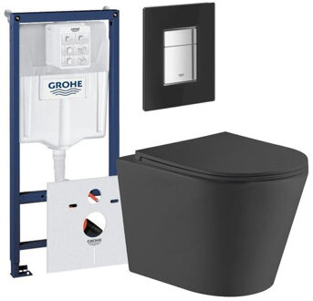 GROHE QeramiQ Dely Toiletset - Grohe inbouwreservoir - zwart glazen bedieningsplaat - toilet - zitting - mat zwart 0729205/0729166/sw543433/ Zwart mat