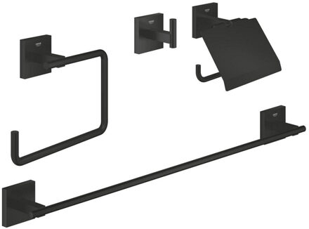 GROHE Start Cube QuickFix Accessoireset 4-delig - toiletrolhouder - met klep - handdoekhaak - handdoekring - handdoekhouder - 60cm - matte black 411152430 Zwart mat