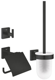 GROHE Start Cube QuickFix Toilet Accessoireset 3-delig - toiletrolhouder - met klep - handdoekhaak - toiletborstel - met glazen houder - matte black 411232430 Zwart mat