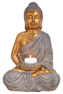 Groot Boeddha waxinelicht houder bruin/goud 41 cm - Beeldjes Goudkleurig
