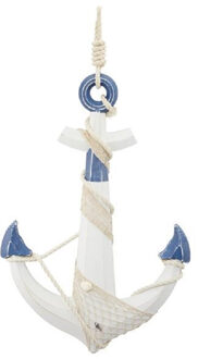 Groot houten anker beeld wit met blauw 59 x 39 cm maritieme hangdecoratie - Beeldjes