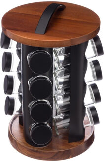 Groot kruidenrek - carrousel - 31,5 cm - met 16 kruidenpotjes - acacia hout