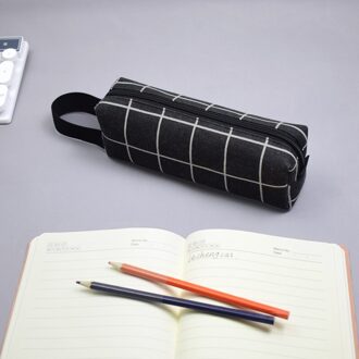 Grote Capaciteit Etui Zwart En Wit Plaid Canvas Etui Student Draagbare Etui Briefpapier Zak Briefpapier Doos