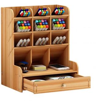 Grote Capaciteit Pennenhouder Potlood Make Storage Box Desktop Organizer Stand Case School Kantoorbenodigdheden kers- Wood