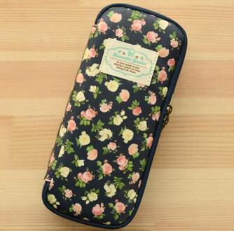 Grote Capaciteit Rose Bloemen Patroon Potlood Tas, Rose Bloem Etui voor School Meisjes Marineblauw