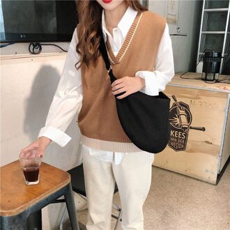 Grote Capaciteit Vrouwen Canvas Tas Toevallige Effen Kleur Schoudertas Messenger Bag Student Rits Handtas Knoedel Tas zwart-Crossbody zak