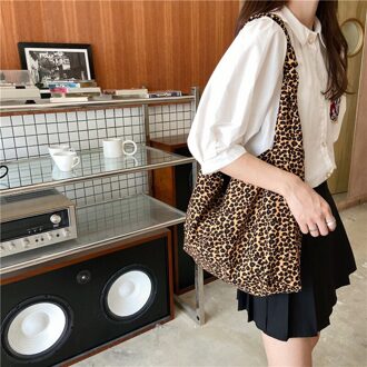 Grote Capaciteit Vrouwen Schoudertas Boodschappentas Luipaard Patroon Dames Canvas Messenger Tassen Vintage Student Meisjes Boek Tote Handtassen bruin