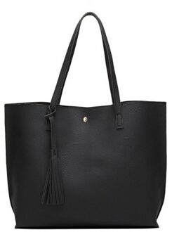 Grote Capaciteit Vrouwen Schoudertassen Met Kwastje Vintage Vrouwelijke Messenger Bags Toevallige Ontwerpers Pu Lederen Handtassen zwart