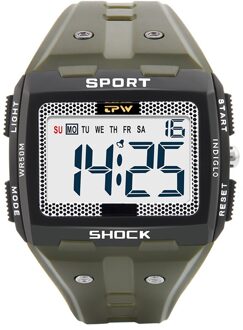 Grote Cijfers Mannen Sport Horloge Digitale Multifunctionele Alarm Chrono 5Bar Waterdicht Back Light Vierkante Scherm leger groen