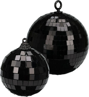 Grote discobal kerstballen - 2x st - zwart - 12 en 15 cm - kunststof