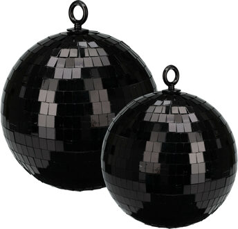 Grote discobal kerstballen - 2x st - zwart - 15 en 18 cm - kunststof