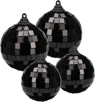 Grote discobal kerstballen - 4x st - zwart - 6 en 8 cm - kunststof