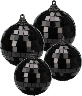 Grote discobal kerstballen - 4x st - zwart - 8 en 10 cm - kunststof